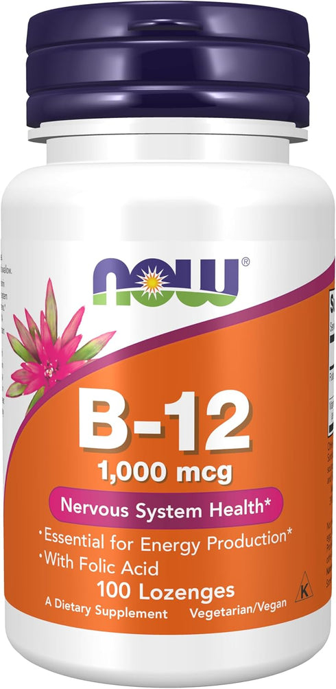 NOW Supplements, Vitamin B-12 1,000 mcg with Folic Acid, Nervous System Health*, 100 Chewable Lozenges...