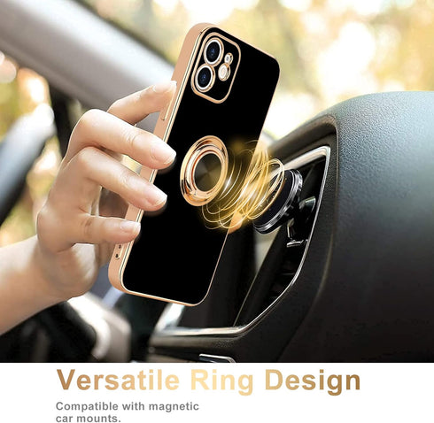for iPhone 12 Phone Case with 360° Rotatable Finger Ring Holder Kickstand Magnetic Shiny Gold Plated Edge for Women Men Shockproof Soft TPU Protec...
