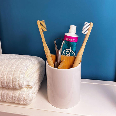 Ceramic Toothbrush and Toothpaste Holder with Bamboo Divider for Bathroom Countertop, White Toothbrush Organizer Stand for Bathroom Vanity Counter...