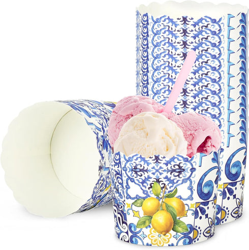 100Pcs Blue Tile Lemon Paper Baking Cups Yellow Blue Lemon Cupcake Wrappers Scalloped Edge Cupcake Muffin Cases for Summer Lemon Party Supplies...