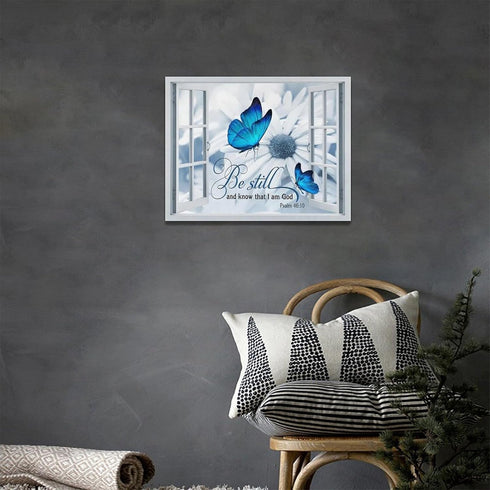 Farmhouse Blue Butterfly Flower Decor Wall Art Rustic Country Window Be Still And Know That I Am God Pictures Wall Decor Canvas Painting Prints Ar...