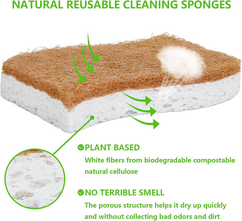 Natural Kitchen Sponges, 12 Pack Non-Scratch Scrubber, Biodegradable Compostable Sisal Cellulose Dish Scrub Sponges, Household Cleaning Sponges fo...