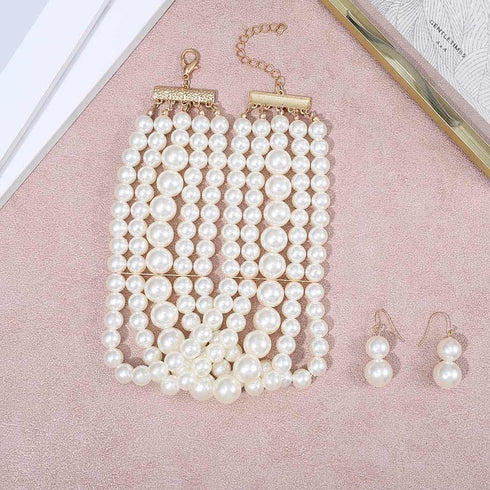 Aukmla Layered Pearl Choker Necklace Earrings Set Silver Short 1920s Chunky Necklaces Chain Wedding Jewelry Sets for Women...