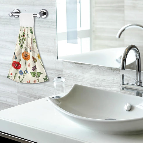 Super Absorbent Spring Hanging Kitchen Towel with Loop 2 Set, Wild Flowers Dragonfly Hand Towels, Fall Tie Towel for Bathroom, Soft Coral Velvet D...