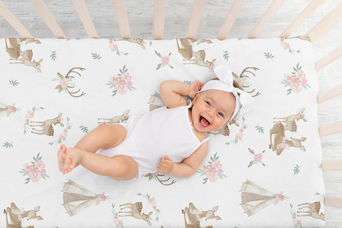 Sweet Jojo Designs Blush Pink, Mint Green and White Boho Baby or Toddler Fitted Crib Sheet for Woodland Deer Floral Collection...