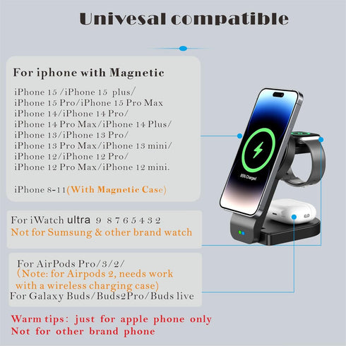 3 in 1 Wireless Charging Station for Apple MagSafe Charger Multiple Devices,Magnetic Foldable 15W Fast Wireless Charger Stand for iPhone 15/14/13/...