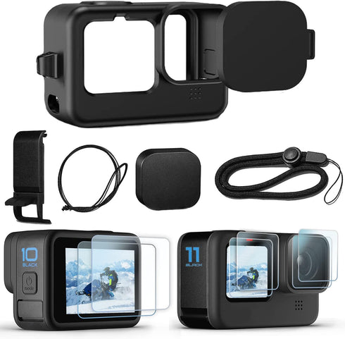 Accessories Kit for Go Pro Hero 12/11/10/9 Black,Silicone Sleeve Protective Case with Rubber Lens Cover+Screen Protector+Battery Side Cover+Lens C...