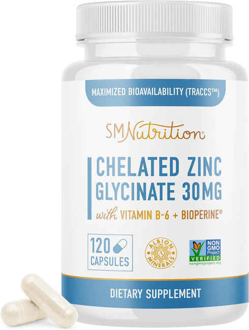 Chelated Zinc Supplements | Zinc Glycinate 30mg | Highly-Absorbable TRAACS Chelated Zinc Bisglycinate, Vitamin B6 & BioPerine | Immune Support, Ac...
