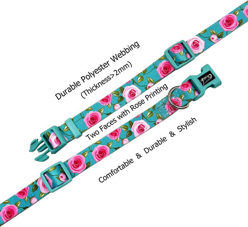 Dog Collar and Leash Set, Rose Pattern, Polyester Material, 5ft Matching Leash, for Small Dogs.(S, Green Rose Set)...