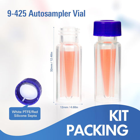 2ML Polypropylene Vials, 9mm Short Thread Vial with Micro Volume 300µL, Blue Screw Cap with Hole, WhitePTFE&Red Silicone Septa, for Ion Chromatogr...