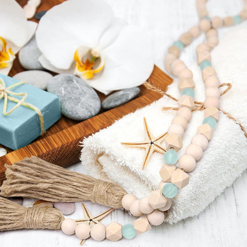 AceList Wood Bead Garland with Tassels, Geometric Wooden Craft Beads with Aqua Acrylic Beads, Boho Farmhouse Country Rustic Wall Hanging Rae Dunn ...
