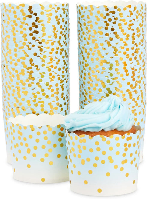 Sparkle and Bash 50 Pack Blue and Gold Polka Dot Cupcake Liners Wrappers, Muffin Paper Baking Cup for Wedding & Birthday...