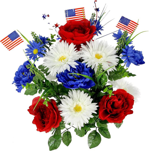 Admired By Nature 18 Stems Artificial Blooming Peony, Gerbera Daisy with Small American Flags, Fillers Mixed Flowers Bush for Memorial Day, Red/Bl...