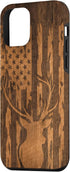 iPhone 12 mini Deer Buck with Flag on Wood-like Background Case...