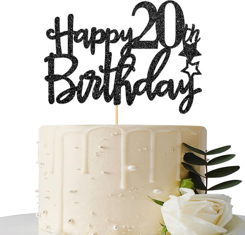 Black Glitter Happy 20th Birthday Cake Topper for, Hello 20th Anniversary, Cheers to 20 Years Party Decorations...
