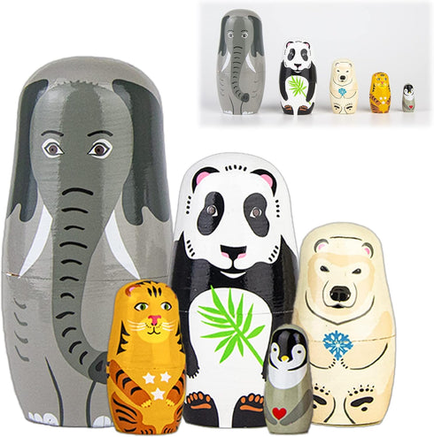 Nesting Dolls 5PCS Superb Handmade Wooden Animal Nesting Dolls Cute Elephant Panda Nesting Dolls Russian Nesting Wishing Dolls Matryoshka Doll for...