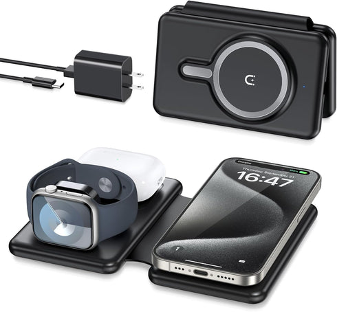 Wireless Charger iPhone - 3 in 1 Charging Station for Apple Devices for iPhone 15 14 13 12 Pro Max Plus - Foldable Magnetic Charging Pad for Apple...