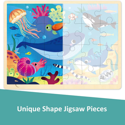 24 Piece Puzzles for Kids Ages 3-5, Unique Shape Jigsaw Pieces Ocean Animal, Wooden Jigsaw Puzzle for 3 4 5 Year Old, Preschool Toddler Puzzle wit...