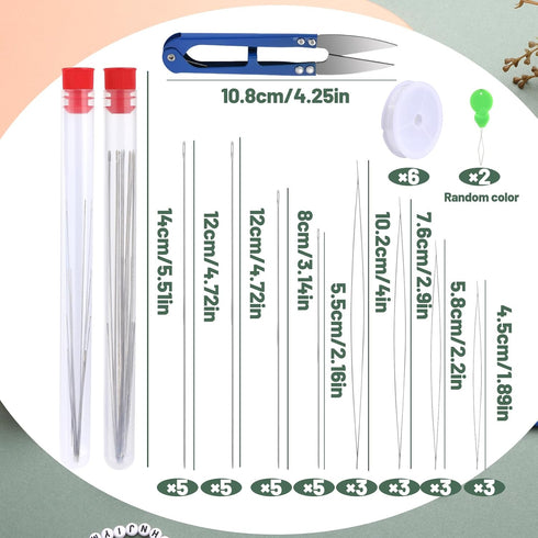 Beading Needles Set, Seed Beads Needles, 20 PCS Straight Beading Thread 12 PCS Big Eye Beading Needles with 6 Elastic Beading String, Needle Threa...