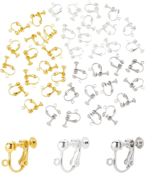 NBEADS 100 Pcs Screw Adjustment Brass Screw Clip Earring Converters, Random Mixed Color Clip-on Earring Findings Components Screw Back Ear Wire wi...