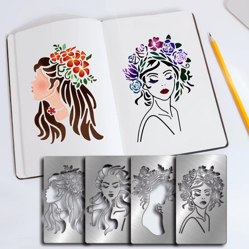 FINGERINSPIRE 4 Pcs Women Theme Metal Journal Stencil Metal Painting Template Stainless Steel Multifunctional Planner Metal Stencils Templates for...