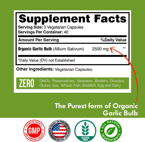 Garlic Capsules 2500mg - Made with Organic Garlic Bulbs, California US Grown - Natural Immune Support Supplement 40 Day Supply...