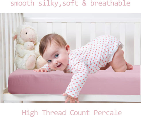Baby Crib Fitted Sheet Poplin Natural Cotton for Standard Crib &Toddler Mattress Sheet Cover 28x52 Solid Pink Girl Premium Percale Soft Nursery Ki...