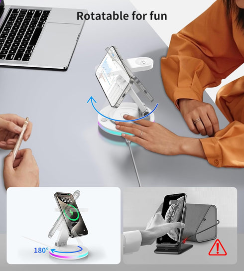3 in 1 Mag-Safe Charger Stand, Magnetic Foldable Wireless Charging Station for Apple, Rotating & Light Adjust, Compatible with iPhone 15/14/13/12 ...