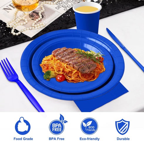 Blue Party Birthday Supplies, Blue Paper Plates Napkins Cups, Disposable Dinnerware Set Serves 25, Blue Plastic Forks Knives Spoon for Wedding Bri...