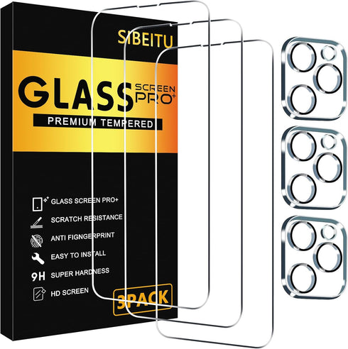 SIBEITU 3 Pack Screen Protector for iPhone 14 Pro with 3 Pack Camera Lens Tempered Glass Protector, 6.1 Inch HD Clear Tempered Glass Film 9H Hardn...
