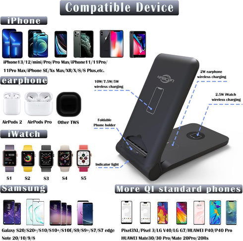 Kabcon Wireless Charger 3 in 1, 15W Foldable Fast Charging Station Compatible for Apple iWatch, AirPods,iPhone 13/13 Pro/12/12 Pro/11/11 Pro Max/X...