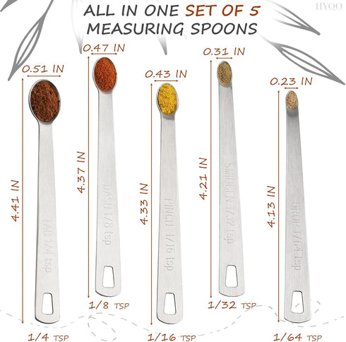 5 Pcs Mini Measuring Spoons Set - Stackable Design, 1/4, 1/8, 1/16, 1/32, 1/64 TSP Sizes, Flat Handle Metal Measuring Spoons Made of Durable Stain...