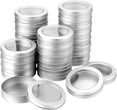 TecUnite 4 oz Metal Tin Cans Round Tin Containers Empty Cans with Clear Top Lid Spice for Kitchen Office Candles Candies and Gifts Holding(24 Piec...