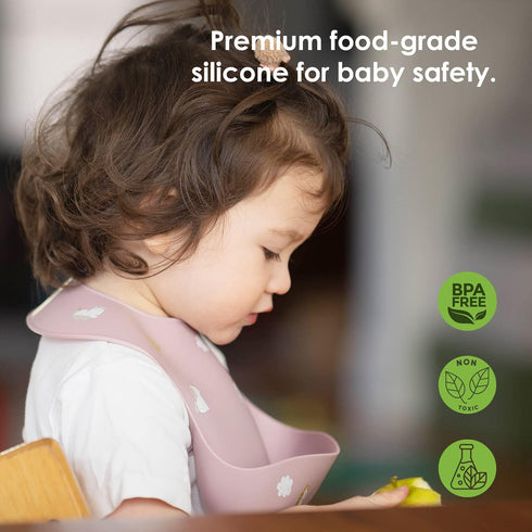 ROCCED Baby Silicone Bibs 2 Sets Baby Bibs with Food Catcher for Girls Boys Toddlers BPA Free Waterproof Soft Adjustable for Babies-Soft Pink/Pale...
