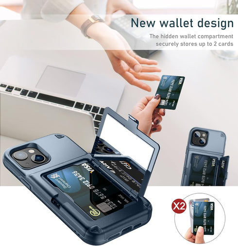 WeLoveCase for iPhone 14 Plus Case for Women, Men Defender Credit Card Holder Cover with Hidden Mirror, Three Layer Shockproof Heavy Duty Protecti...
