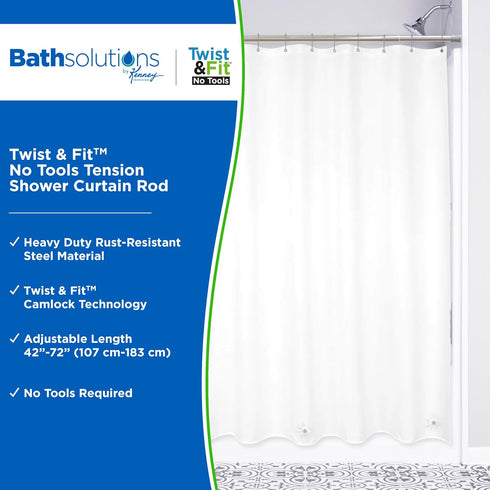 Kenney KN609C/18 Twist & Fit No Tools Camlock Tension Easy Install Shower Curtain Rod with Non-Slip, On-Scratch Ends, 42-72" Adjustable Length, Br...