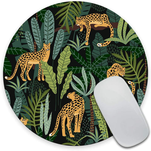 Mouse pad Leopard Round Mousepad Plants Office Decor for Women Men Desk Accessories Leopards and tropical leaves Mousepad Present for Coworker...