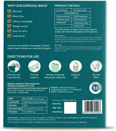 Sirona Disposable Bags for Adult Diapers | Discreet, Locks In Odors, Leak-Proof Adhesive, Environmentally Friendly & Biodegradable | Travel-Friend...