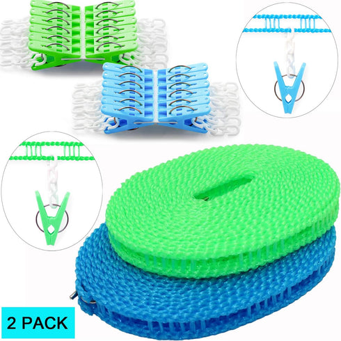 Clotheslines 2 Pack Clothesline Clothes with 24 Pcs Clips Drying Rope Portable Windproof for Travel Indoor Outdoor Laundry Clothes Line Hanger Cam...