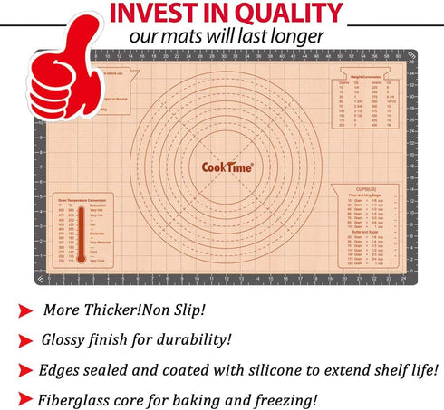 Silicone Pastry Baking Mat Non Stick-Large Rolling Dough with Measurements-Non Slip Pizza,Fondant,Pie,Cake Baking Mat - 26 x 16 Inch By Cook Time...