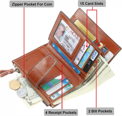 Lavemi Small Compact Women Wallet RFID Blocking Genuine Leather Bifold Purse with ID Windows(Brown)...