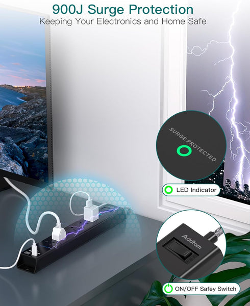 Surge Protector Power Strip - Extension Cord with 6 AC Outlets 4 USB (2 USB-C Ports), Flat Plug with Overload Surge Protection, Wall Mount, 5ft, O...