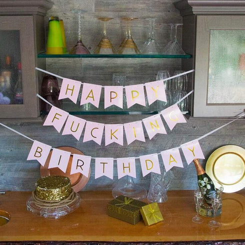 Sscon Happy Birthday Bunting Banner Funny Birthday Party Decorations with Shiny Gold Letters Party Supplies Pink...