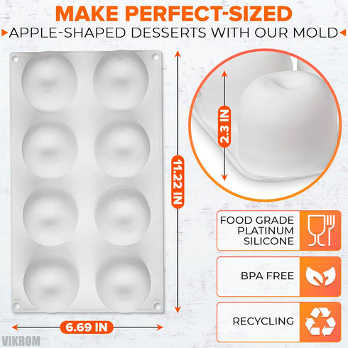 8 Cavity Apple Silicone Mold - 11.22 x 6.69 x 2.3 Inches Apple Mold for Baking, Good for Pastry, Jelly, Ice Cream, Soap, and Candles, Non-Stick an...