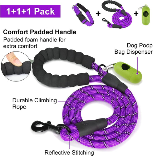 Dynmeow Reflective Dog Collar and Leash Set, 6FT Strong Climbing Rope Leash with Padded Handle, Adjustable Pet Collar with Soft Neoprene Padding f...