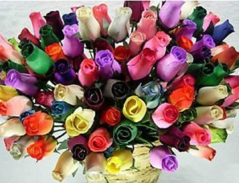 24 Small Bud Wooden Roses Bouquet- Assorted Colors...