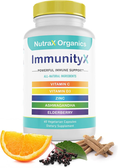 All-in-One Organic Immune Support Supplement 60 Vegan Capsules - Elderberry 500mg, Ashwagandha 500mg, 400mg Vitamin C and Zinc - Vitamin D3 - Immu...