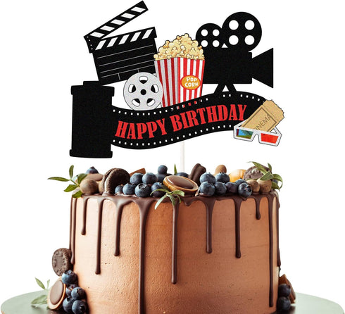 Movie Happy Birthday Cake Topper, Hollywood Oscar Theme Cake Decorations- Film Projector Party Decor - Popcorn Theater Birthday Party Cake Decorat...
