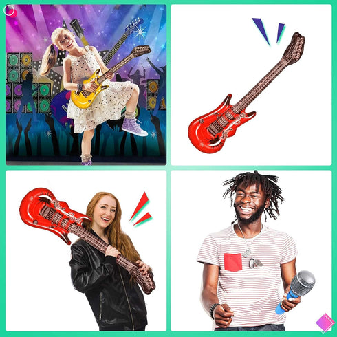Inflatable Rock Star Toy Set 80s 90s Party Decorations Blow up Party Props Musical Instrument Include Inflatable Backdrop Banner, Microphone, Guit...