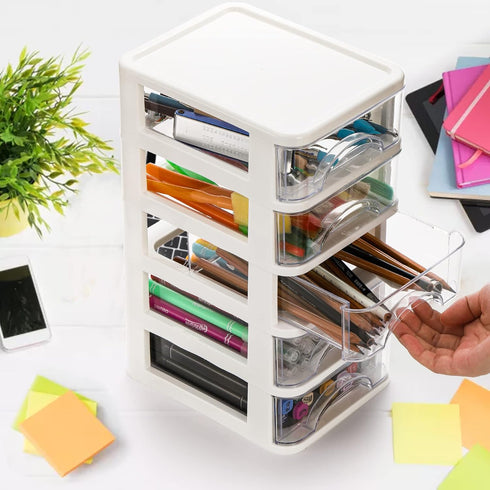 Hedume Desktop Drawer, Clear 5 Drawer Desktop Storage Unit, White Frame with Clear Drawers, Drawer Unit...